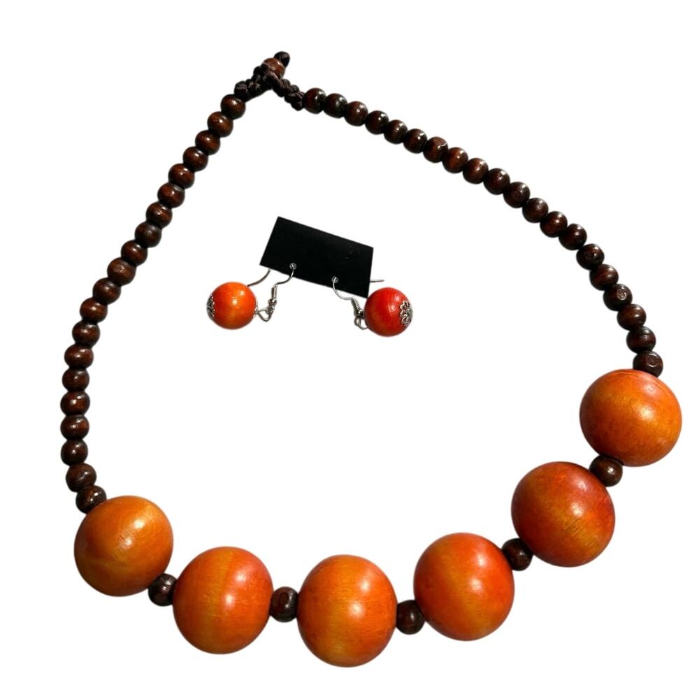 Necklace & Earrings Wood beads Orange & Brown Boho fish hook  orange bead
